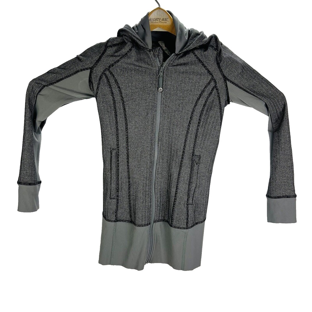 Lululemon Gray Herringbone Nylon Elastane Full Zip Hooded Jacket Womens Size 2‎